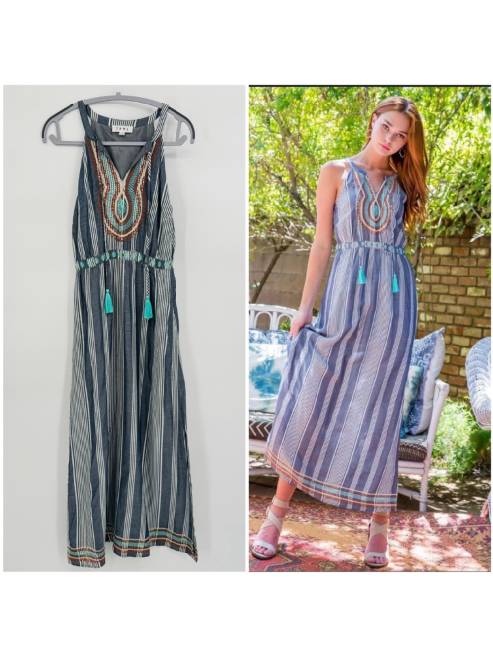 Women's THML Striped Maxi Dress Size S Blue White Embroidered Tassel